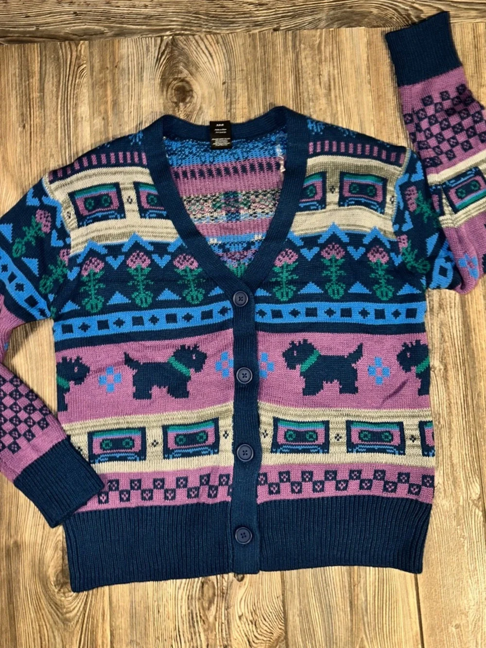 New Stranger Things Collaboration Multicolor Dog-Pattern V-Neck Cardigan Size S - Picture 1 of 8